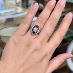 Antique 1925 Art Deco Carnelian and Onyx Diamond Filigree Ring 14k White Gold