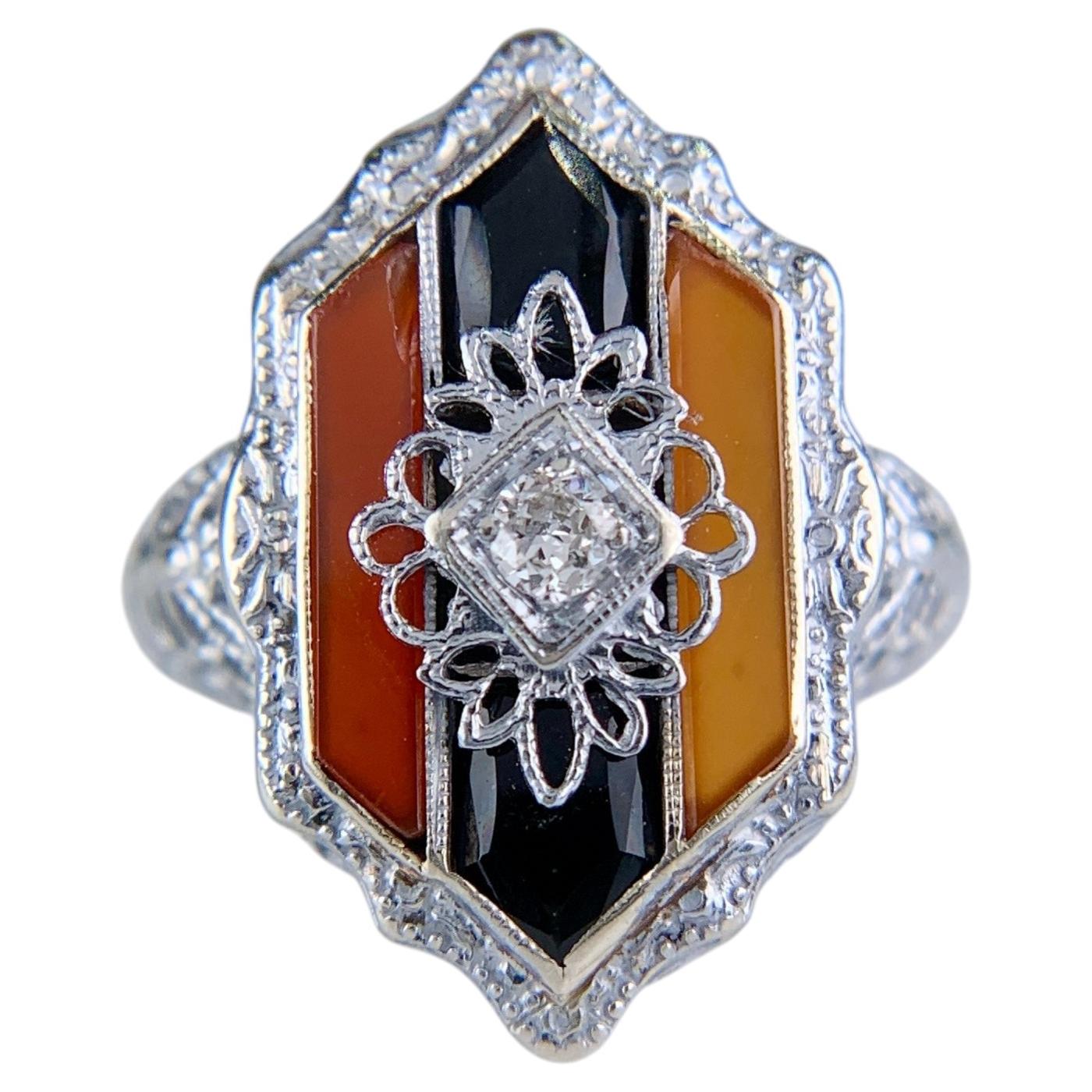 Art Deco 14k White Gold Carnelian Onyx Diamond Filigree Ring, 1925