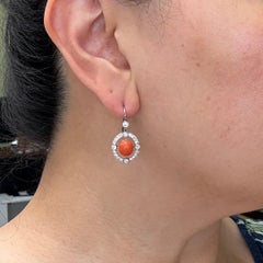 Art Deco Coral and Old European Diamond Dangling Earrings Platinum/14k Gold