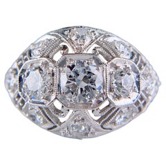 Antique 1925 Art Deco Old European Cut Diamond Bombe Ring Platinum