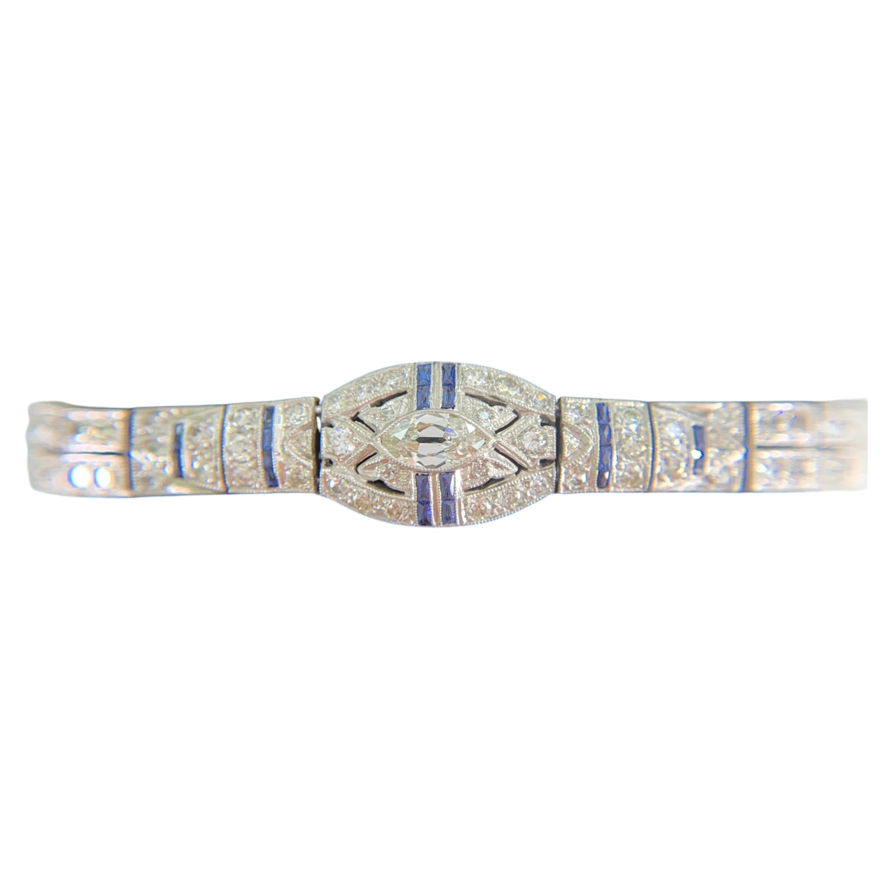 Antique 1925 Art Deco Sapphire and Old Cut Diamond Bracelet Platinum