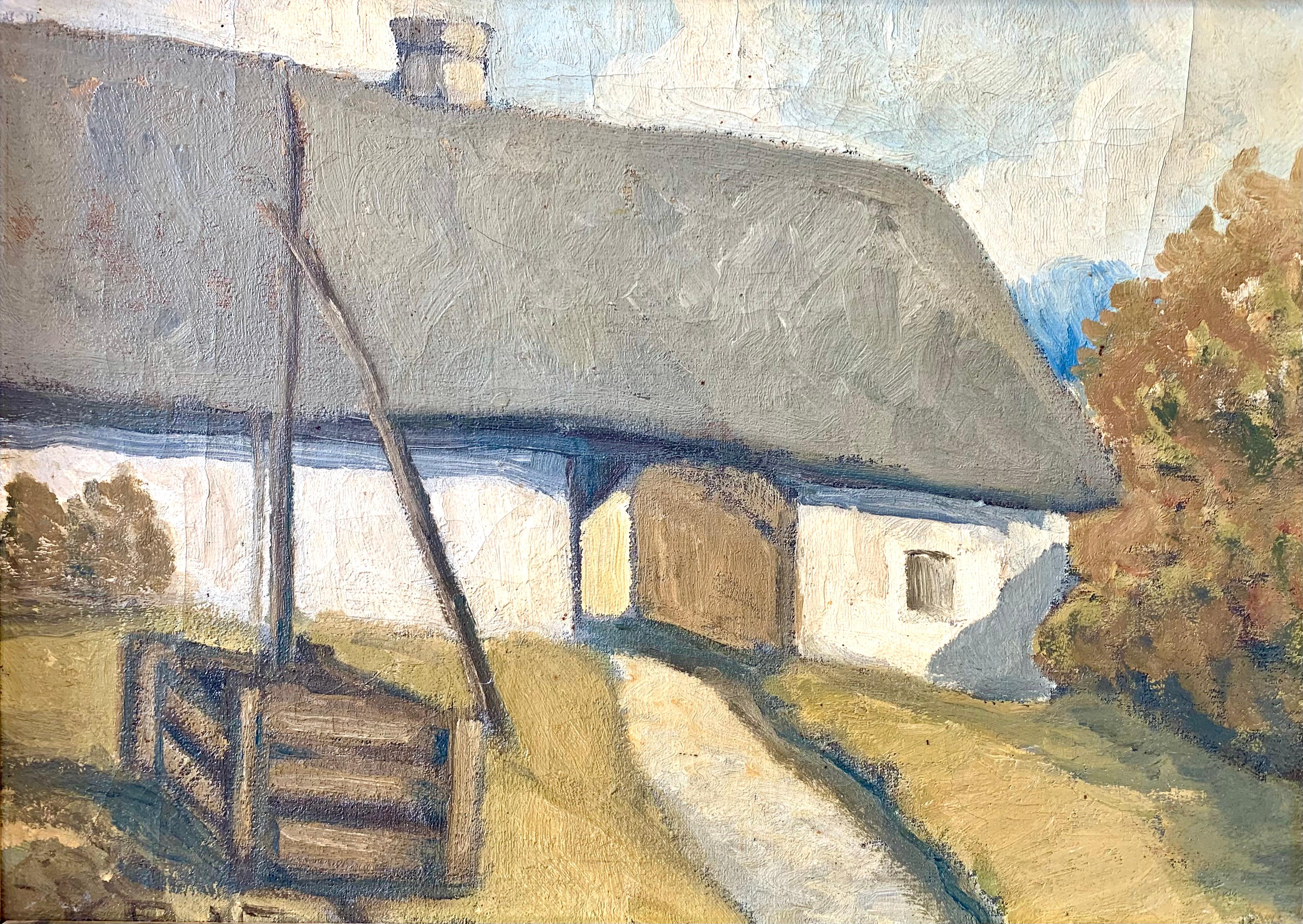 Dies ist ein antikes Ölgemälde mit dem etwas speziellen Motiv eines Eingangs eines alten Bauernhofs, möglicherweise mit mehreren Flügeln, die einen Blick auf  das Leben in Skandinavien vor 100 Jahren. Im Vordergrund ist eine Wasserpumpe zu sehen.