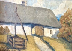 Antique 1925 oil painting of the of a traditional scandinavian farm entrance
