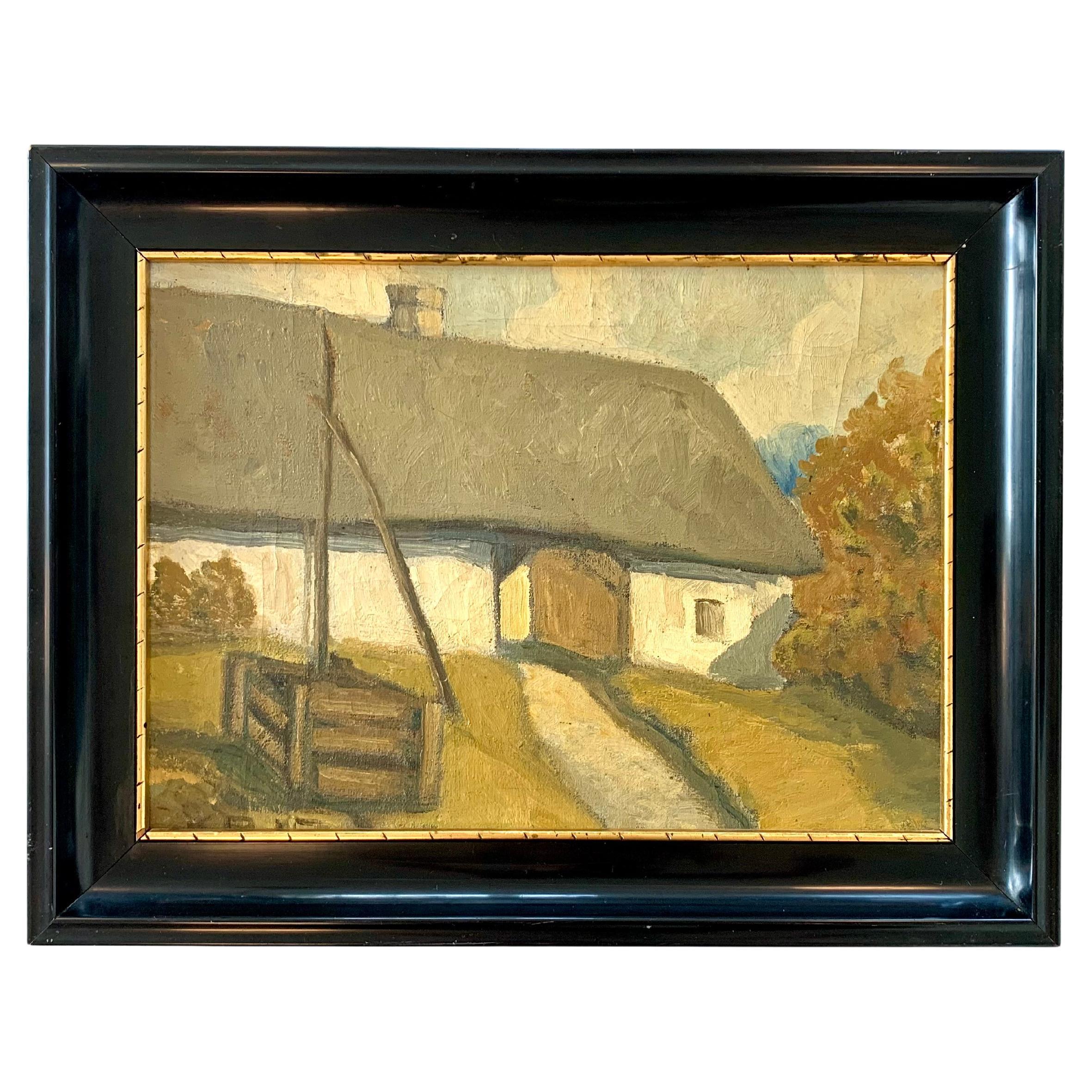 Antikes Ölgemälde aus dem Jahr 1925, das den Eingang eines traditionellen skandinavischen Bauernhofs zeigt