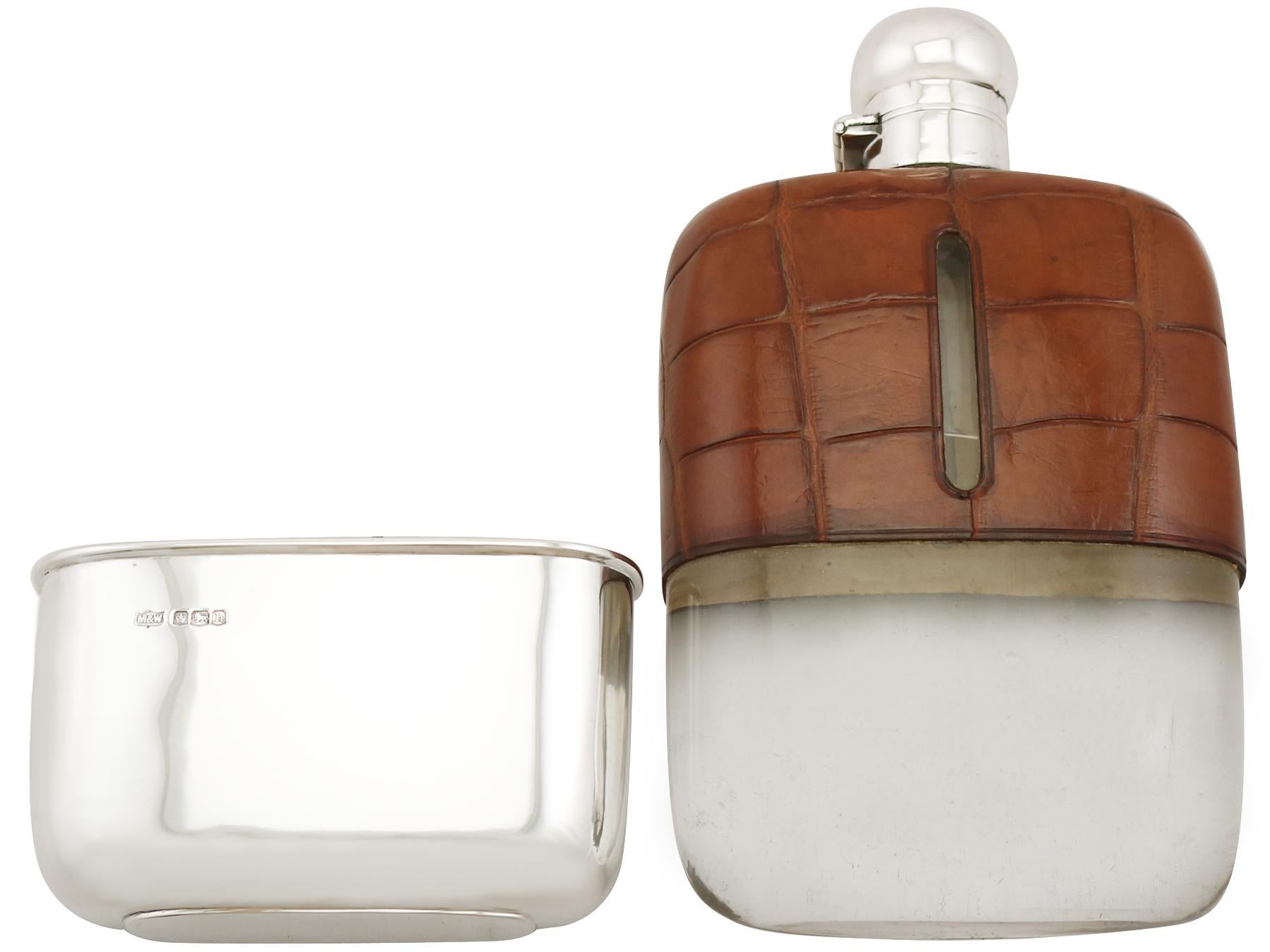 Early 20th Century Mappin and Webb Antique 1925 Sterling Silver and Crocodile Skin Hip Flask