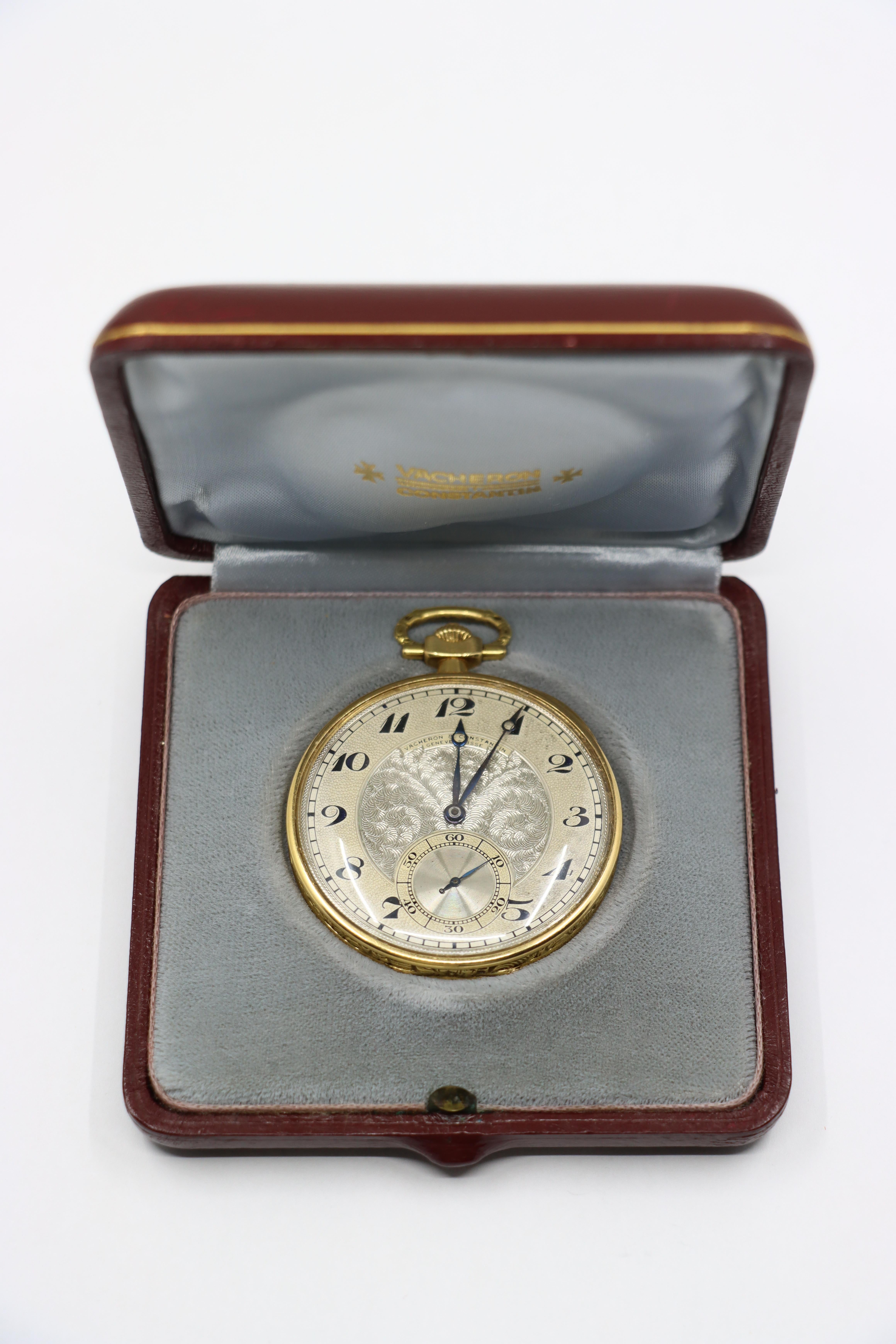 Antico orologio da tasca Vacheron & Constantin Geneve in oro 18 carati del 1925
Contrassegnato:
A.I.C.
VACHERON & CONSTANTIN SWISSE
18K
248705

Dimensioni approssimative:
15,8 pollici (lunghezza)
42 mm (quadrante)
0,5 cm (profondità)
59,0 grammi di