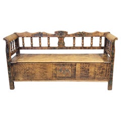 Antique 1926 Pine Eastern European Storage Bench with Original Paint