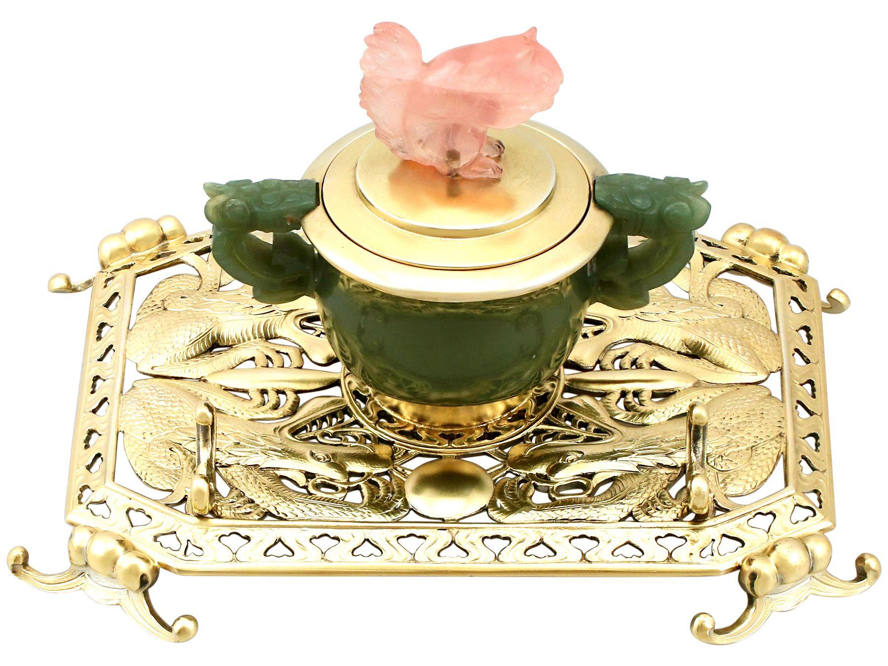 An exceptional, fine and impressive, unusual antique George V English sterling silver, nephrite and rose quartz inkstand; an addition to our ornamental silverware collection.

This exceptional antique sterling silver gilt inkstand has a