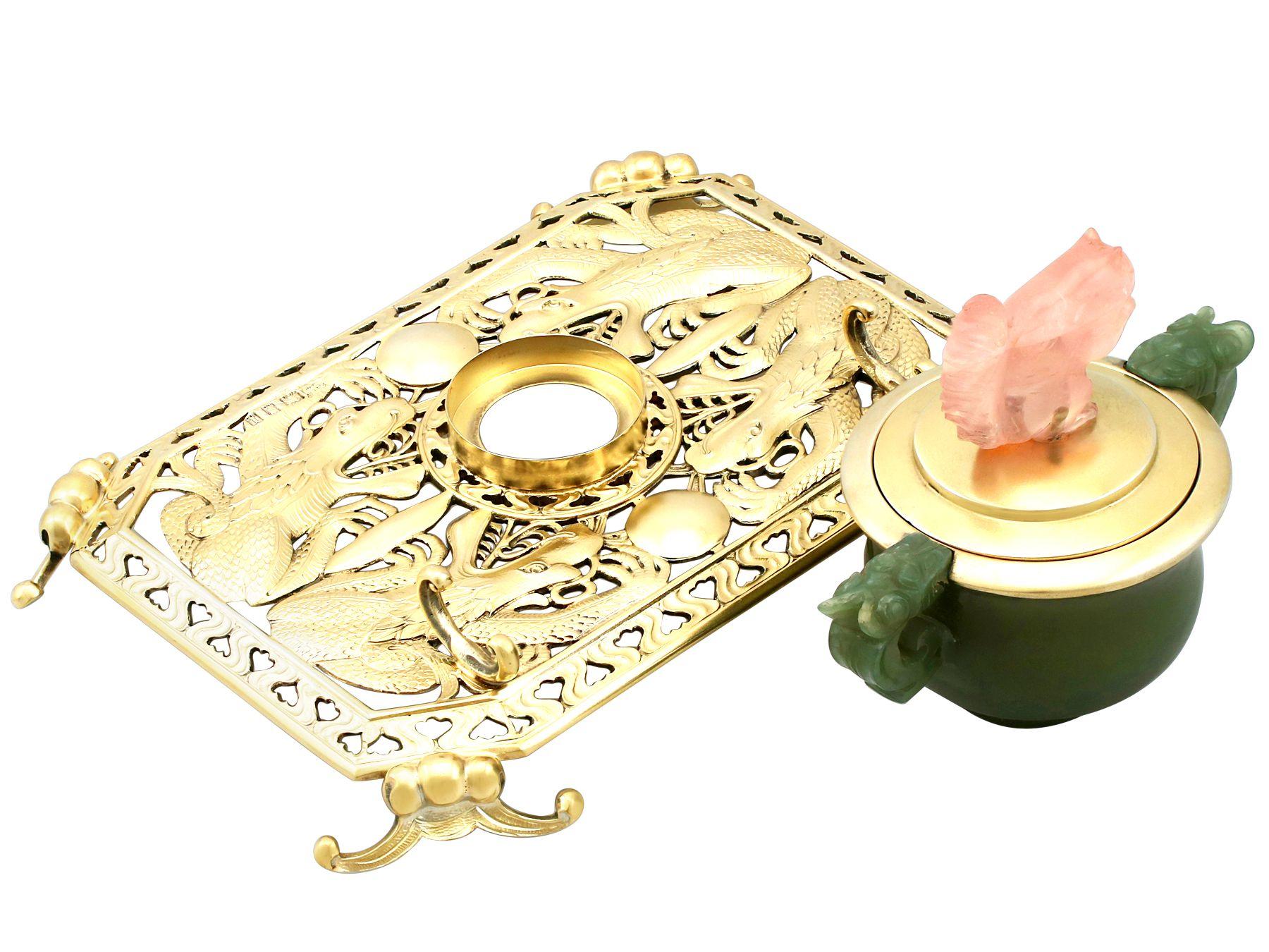Early 20th Century Antique 1926 Sterling Silver Nephrite and Rose Quartz Inkstand For Sale