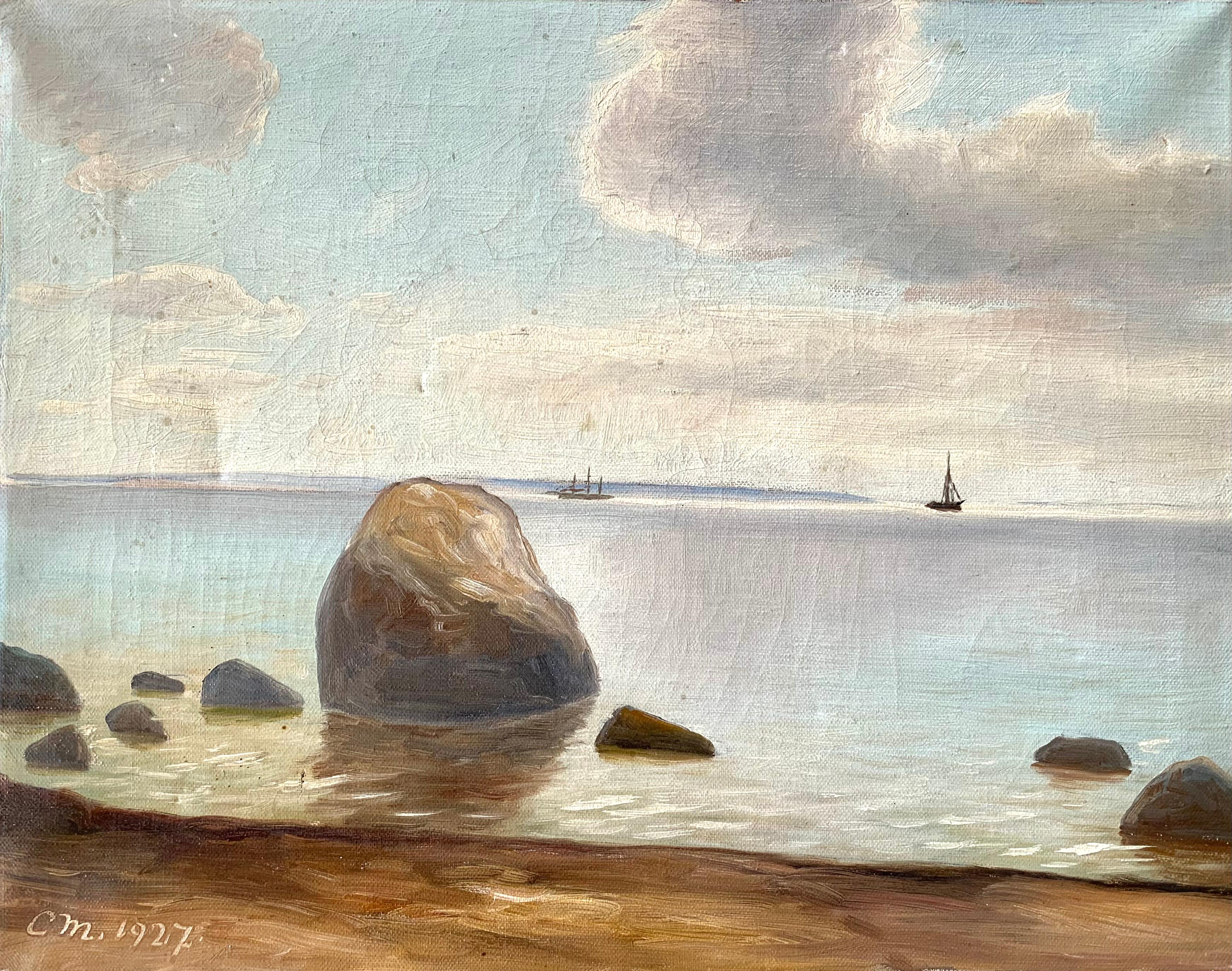 Antique 1927 signed impressionist maritime oil painting with sailing ships For Sale 2