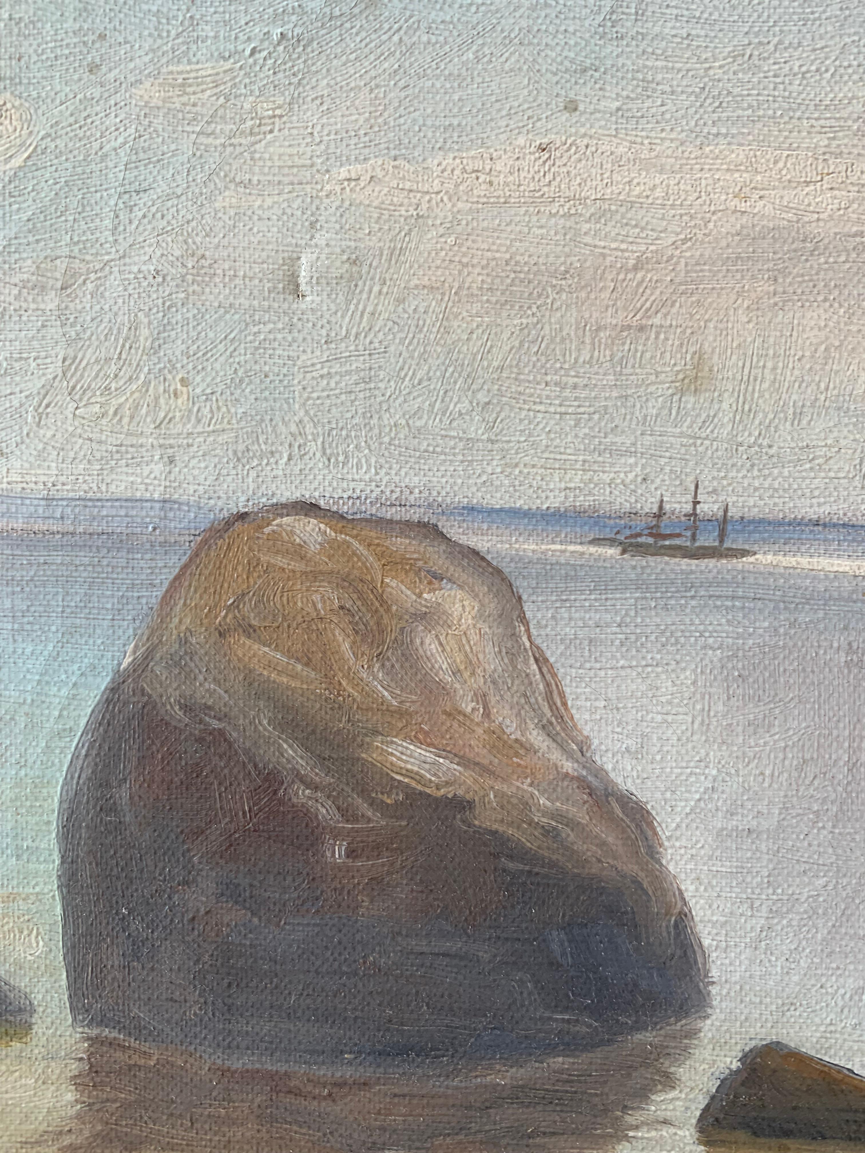 Romantic Antique 1927 signed impressionist maritime oil painting with sailing ships For Sale