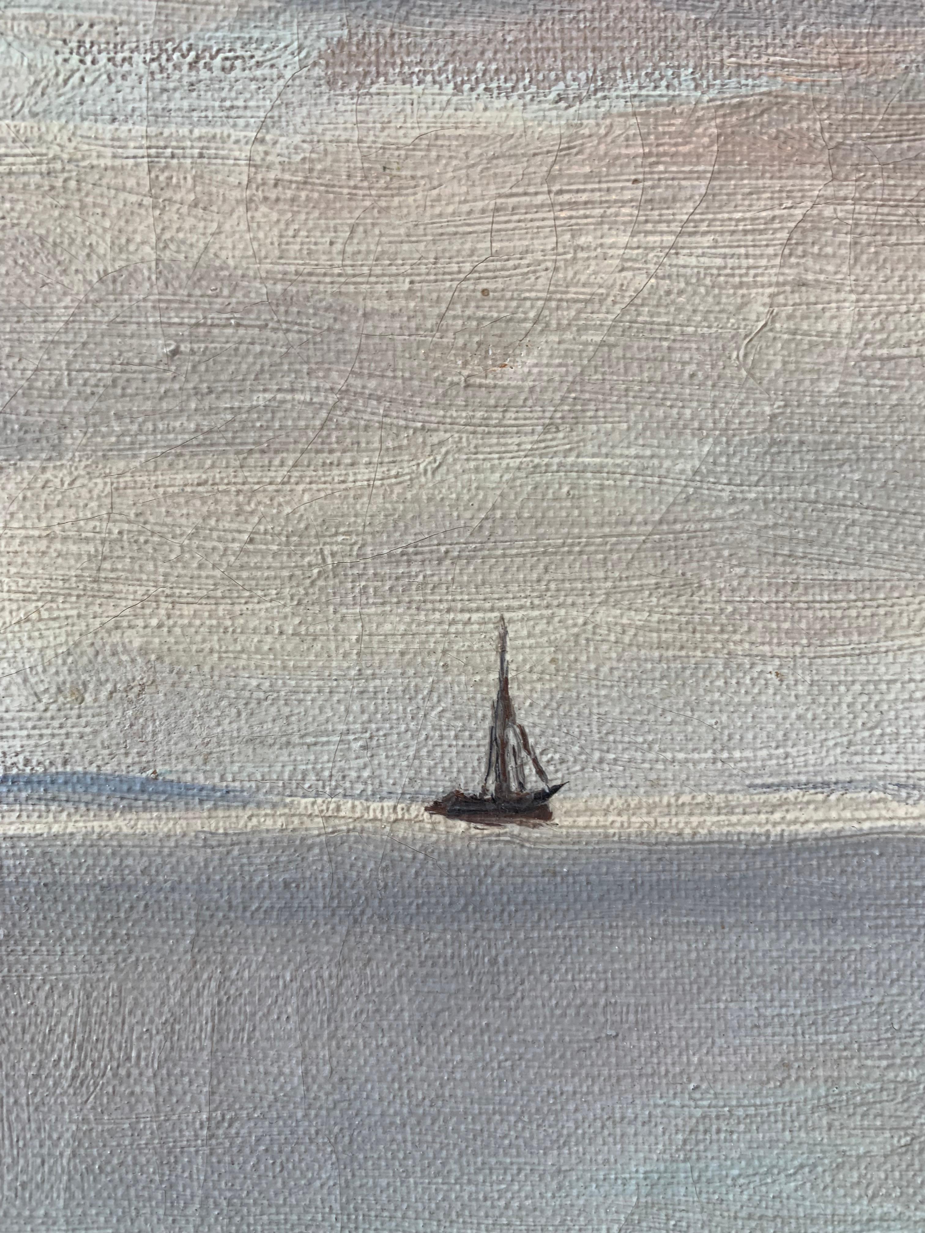 Danish Antique 1927 signed impressionist maritime oil painting with sailing ships For Sale