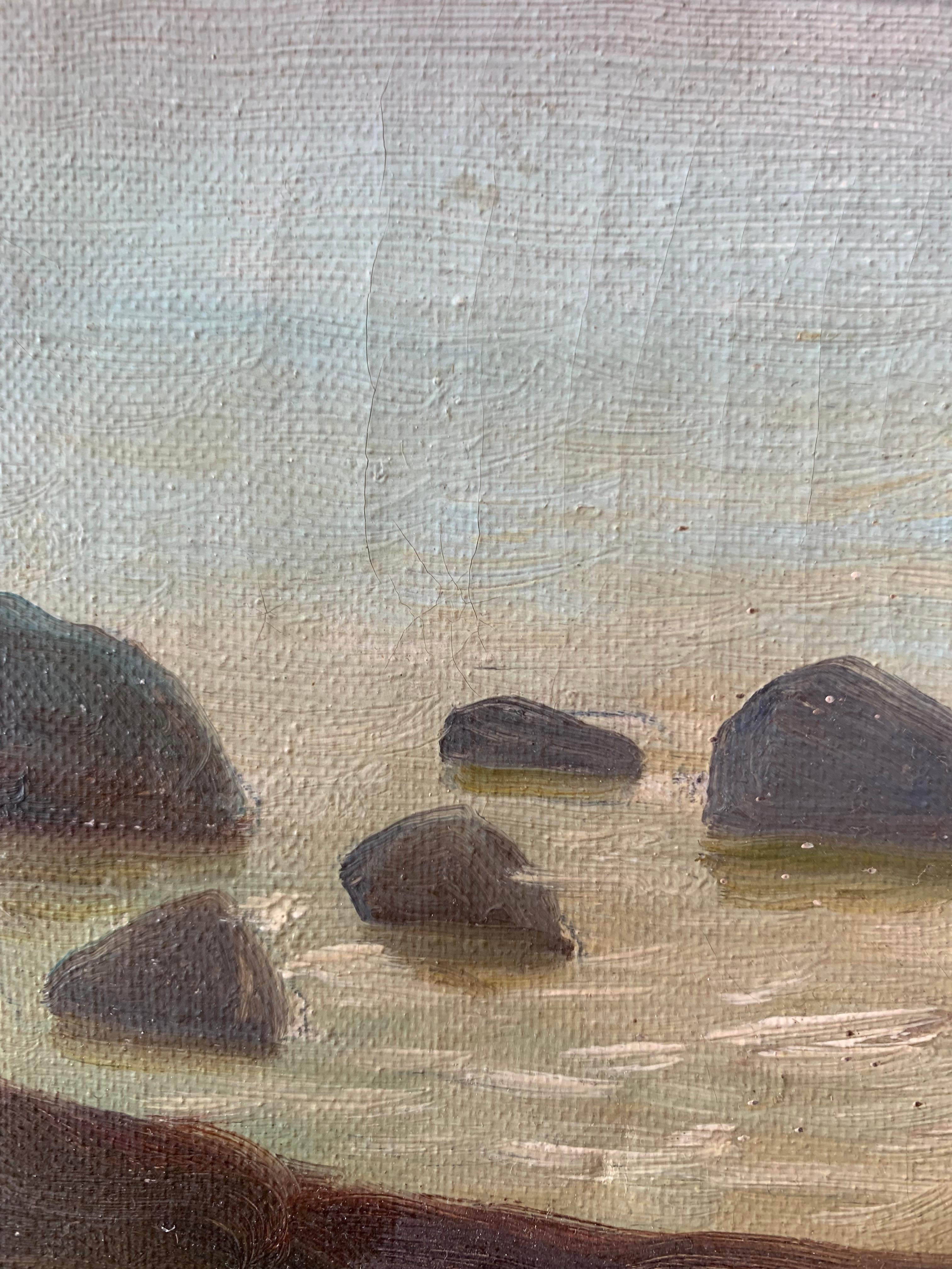 Antique 1927 signed impressionist maritime oil painting with sailing ships In Good Condition For Sale In Ebberup, DK