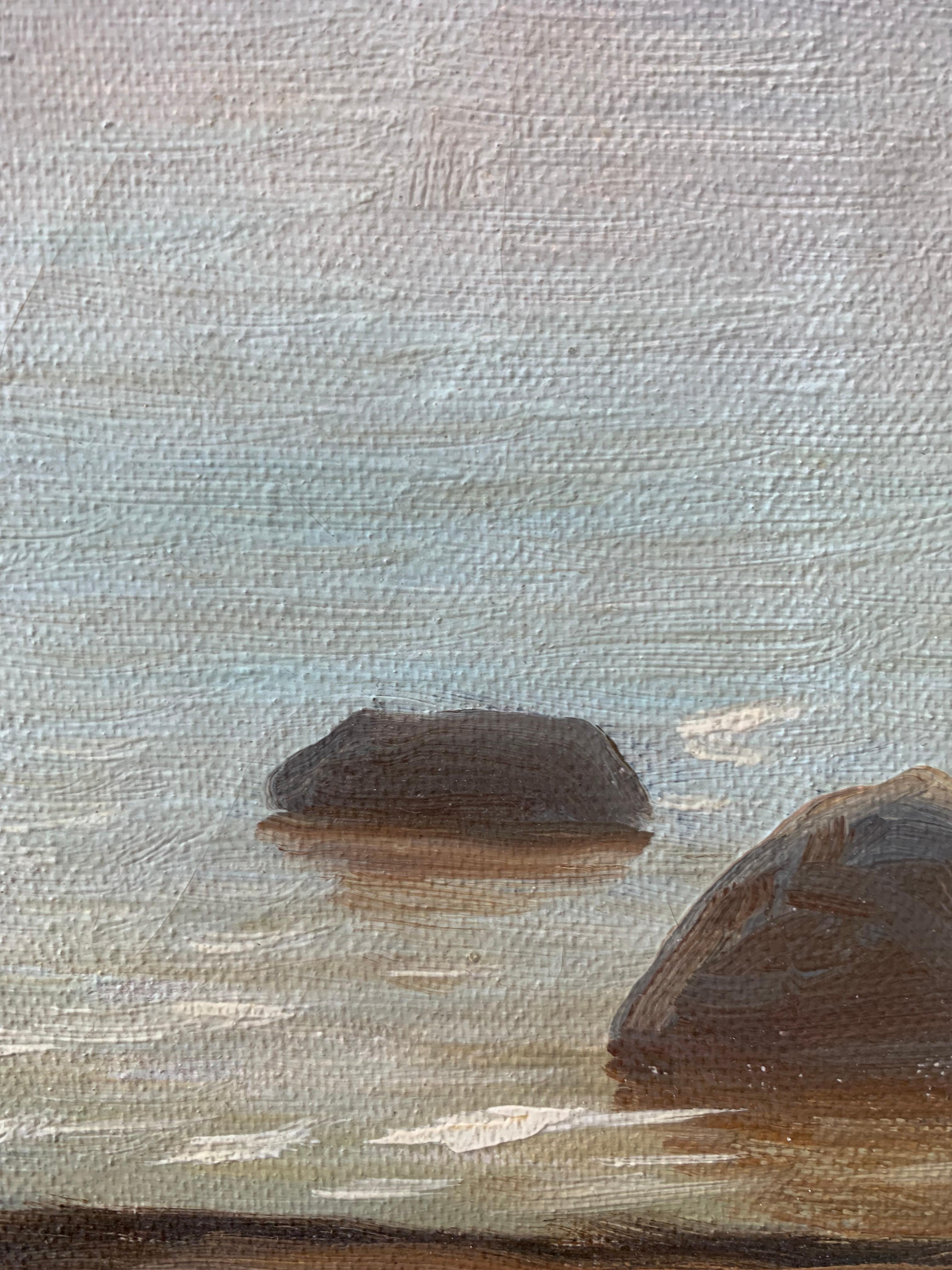 20th Century Antique 1927 signed impressionist maritime oil painting with sailing ships For Sale