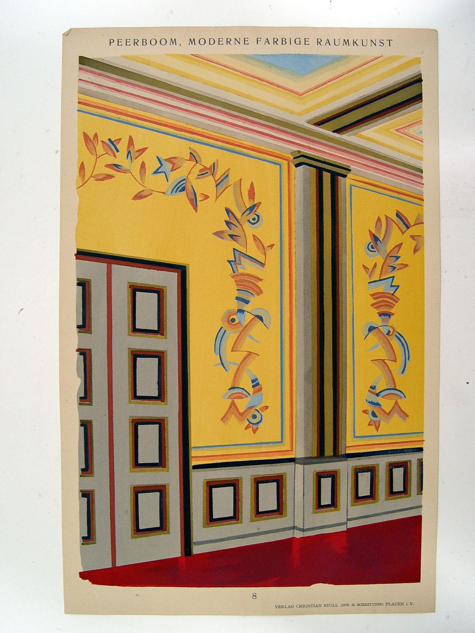 German Antique 1929 Art Deco Interior Yellow Gray Burgundy Pochoir Print For Sale
