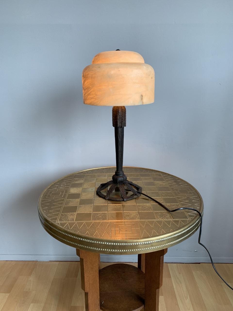 Antique 1930 Edgar Brandt Style Art Deco Wrought Iron and Alabaster Table Lamp 3