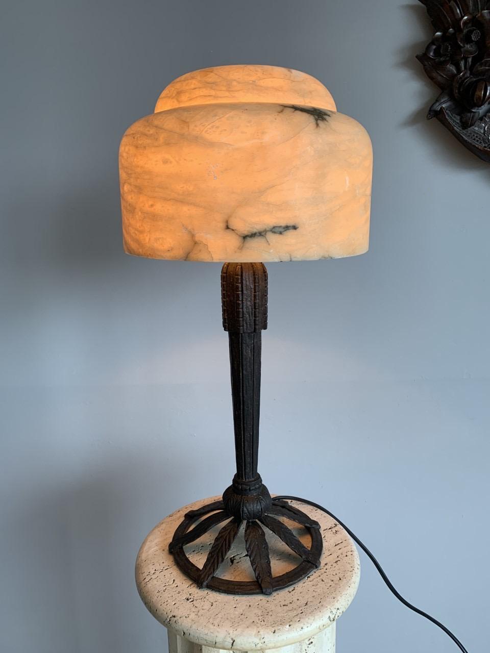 Antique 1930 Edgar Brandt Style Art Deco Wrought Iron and Alabaster Table Lamp 4