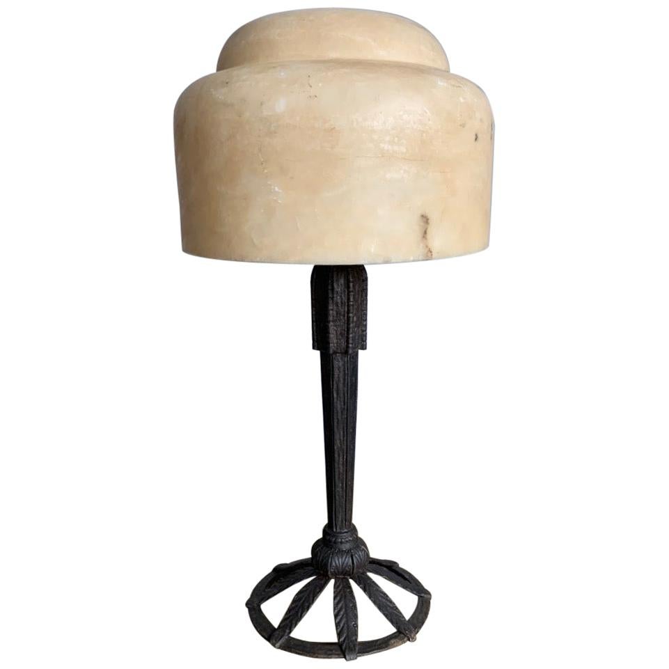 Antique 1930 Edgar Brandt Style Art Deco Wrought Iron and Alabaster Table Lamp