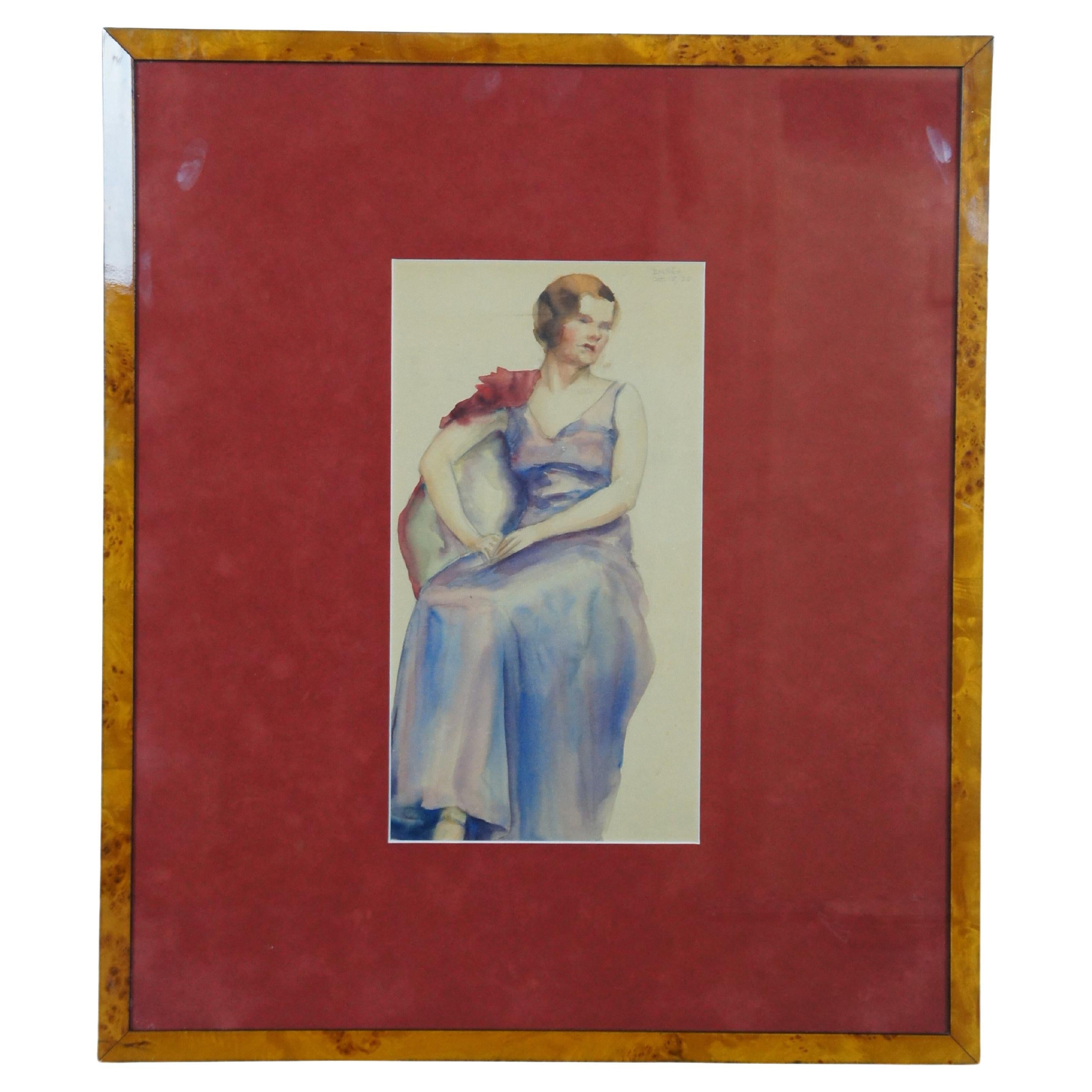 Antique 1930 French Folk Art Bockée Female Portrait Watercolor Burl Frame 25"