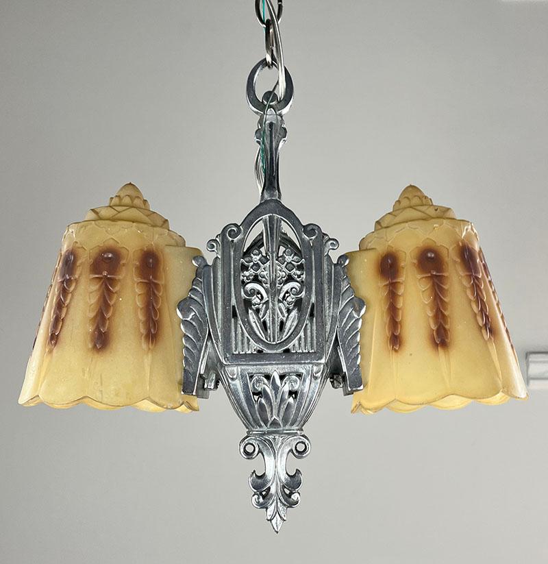 American Antique 1930 Lincoln Mfg Co. Art Deco Reversible Two Light Slip Shade Fixture For Sale