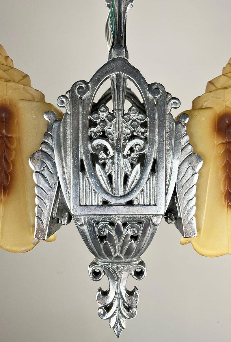 Antique 1930 Lincoln Mfg Co. Art Deco Reversible Two Light Slip Shade Fixture In Good Condition For Sale In Mississauga, CA