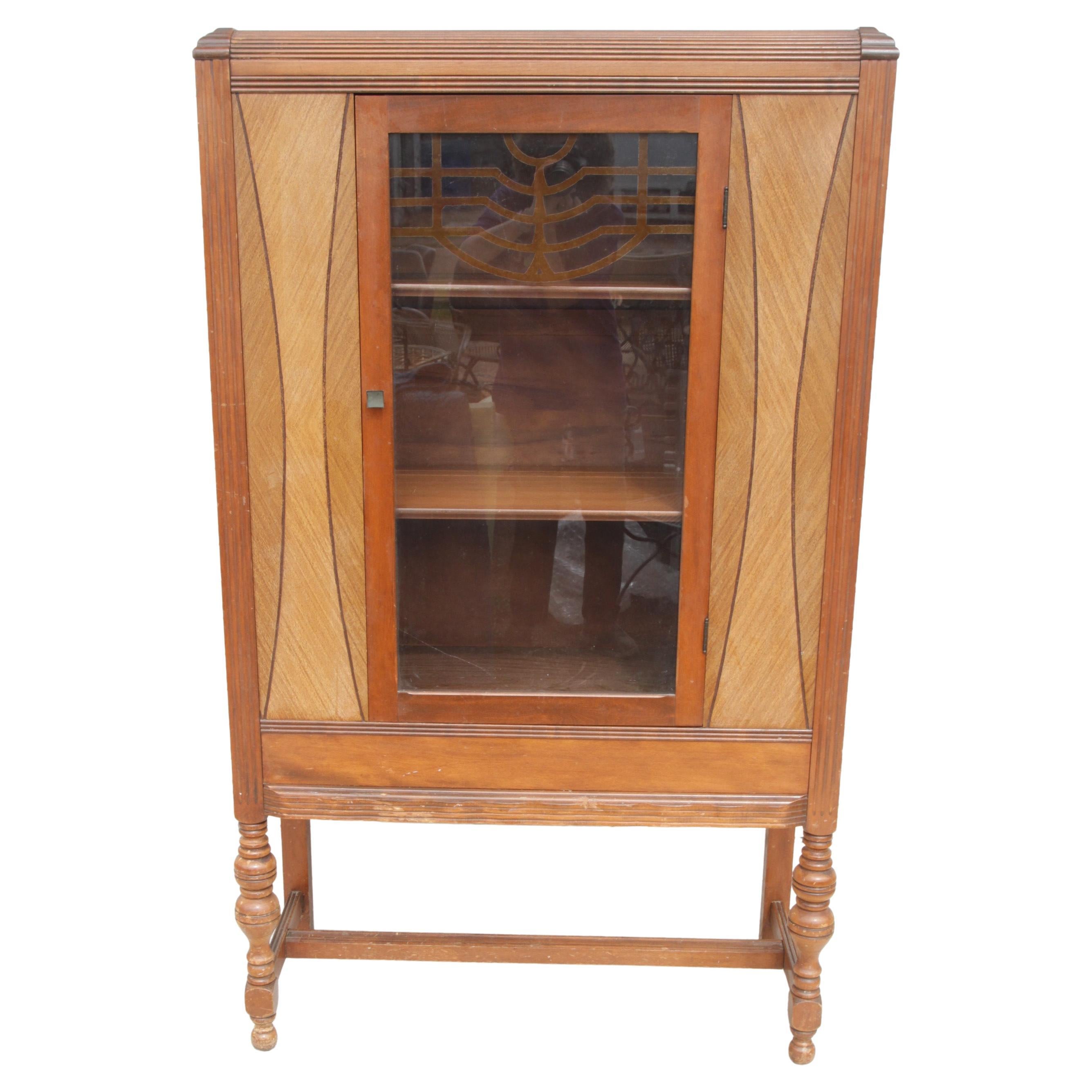 Antique Depression Era Dual Toned Walnut Display Cabinet by Myers/Spalti Mfg