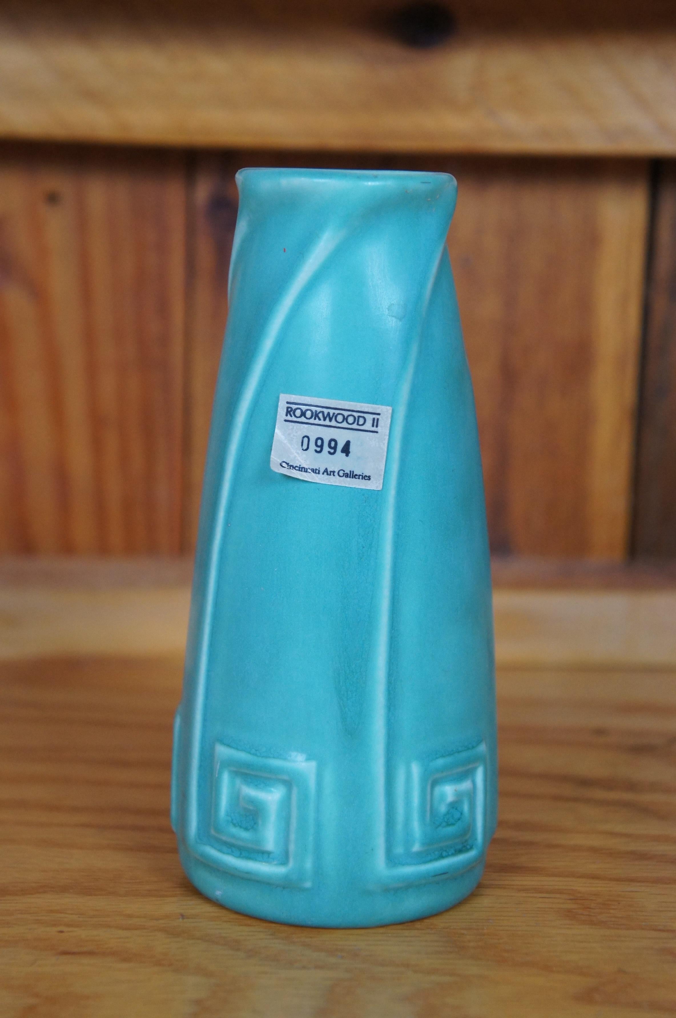 Metà XX secolo Vaso antico 1930 Rookwood 2135 Turchese Chiave Greca 50 Anniversario 6