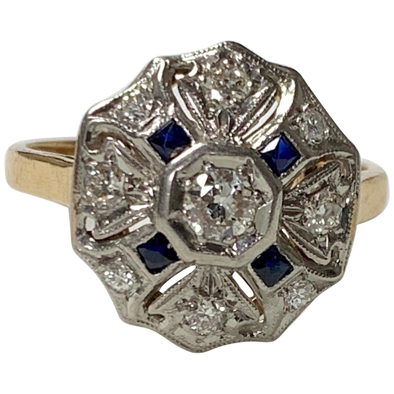 Antique 1930 White Diamond and Blue Sapphire Ring in 14 Karat White Gold