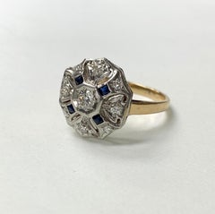 Antique 1930 White Diamond and Blue Sapphire Ring in 14 Karat White Gold