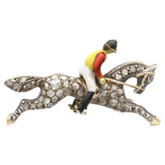 Antique 1930s 12k Yellow Gold & Silver Diamond Enamel Jockey Brooch