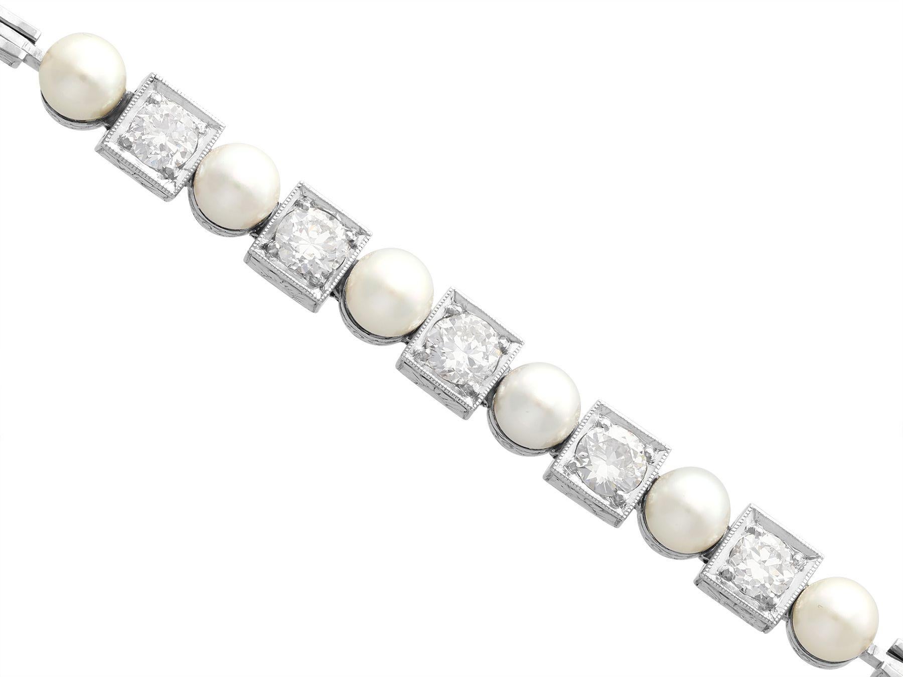 Round Cut 1930s Antique 1.38 Carat Diamond and Cultured Pearl White Gold Bracelet For Sale