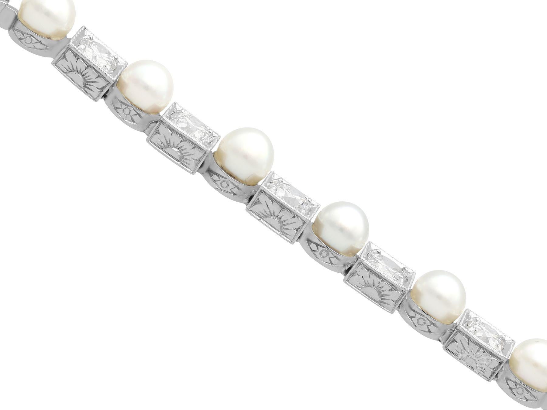 Women's or Men's 1930s Antique 1.38 Carat Diamond and Cultured Pearl White Gold Bracelet For Sale