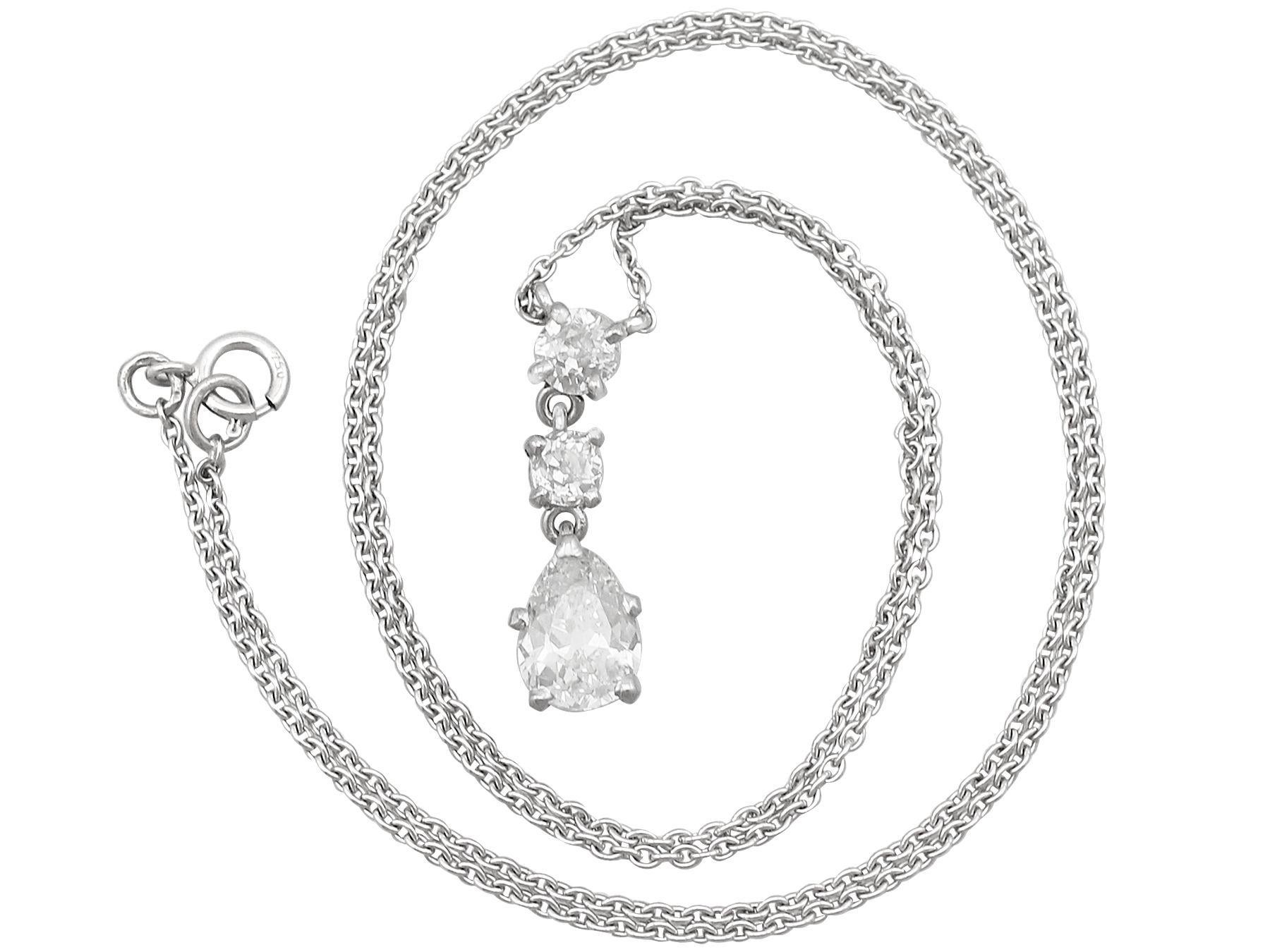 An impressive antique 1.42 carat diamond and 18 karat white gold drop pendant; part of our diverse antique jewelry and estate jewelry collections.

This fine and impressive pear cut diamond necklace has been crafted in 18k white gold.

The pendant