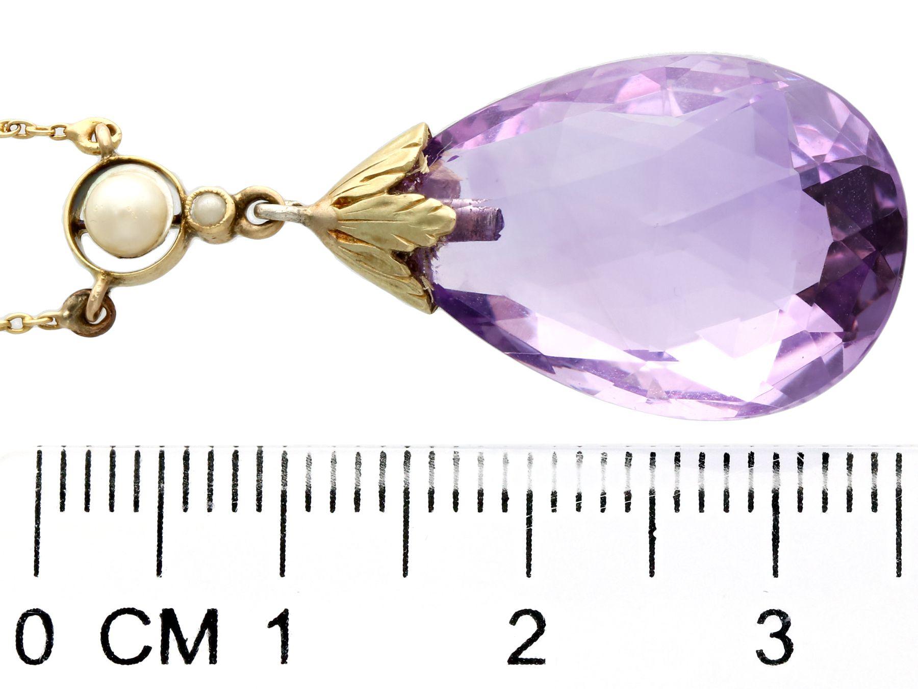 Pear Cut Antique 1930s 16.21 Carat Amethyst and Seed Pearl Yellow Gold Necklace