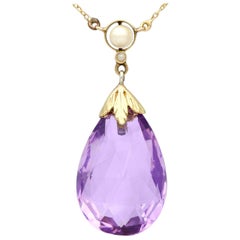 Antique 1930s 16.21 Carat Amethyst and Seed Pearl Yellow Gold Necklace