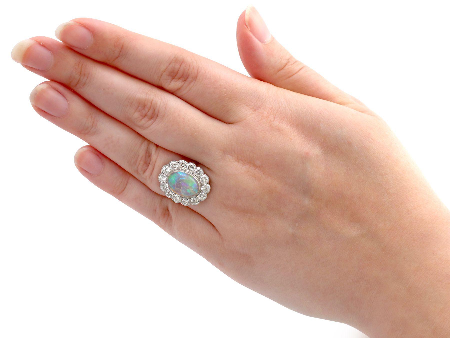 Antique 2.19ct White Opal and 2.36ct Diamond Platinum Cluster Ring In Excellent Condition For Sale In Jesmond, Newcastle Upon Tyne