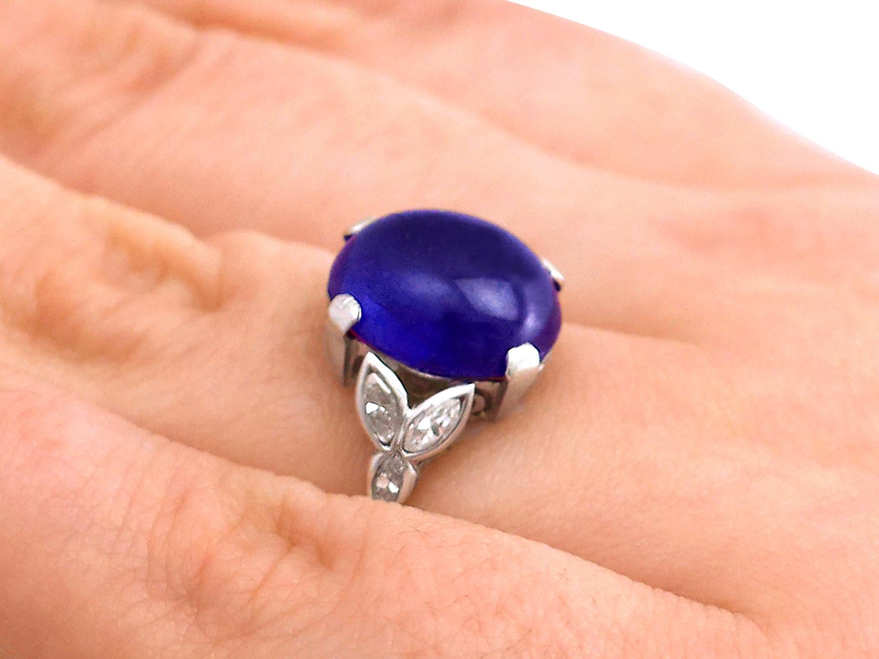 Antique 1930s 6.80 Ct Cabochon Cut Sapphire and Diamond Platinum Cocktail Ring For Sale 2