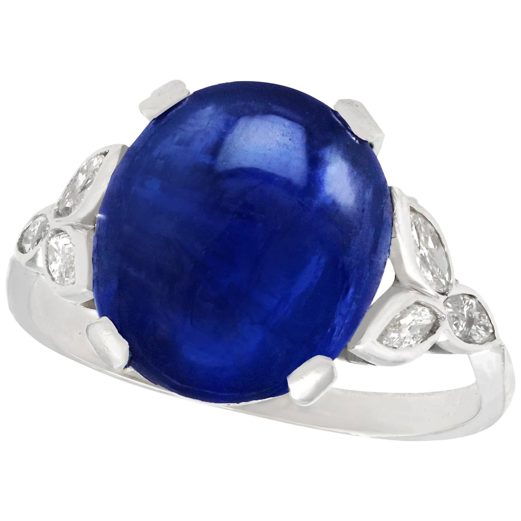 Antique 1930s 6.80 Ct Cabochon Cut Sapphire and Diamond Platinum Cocktail Ring For Sale