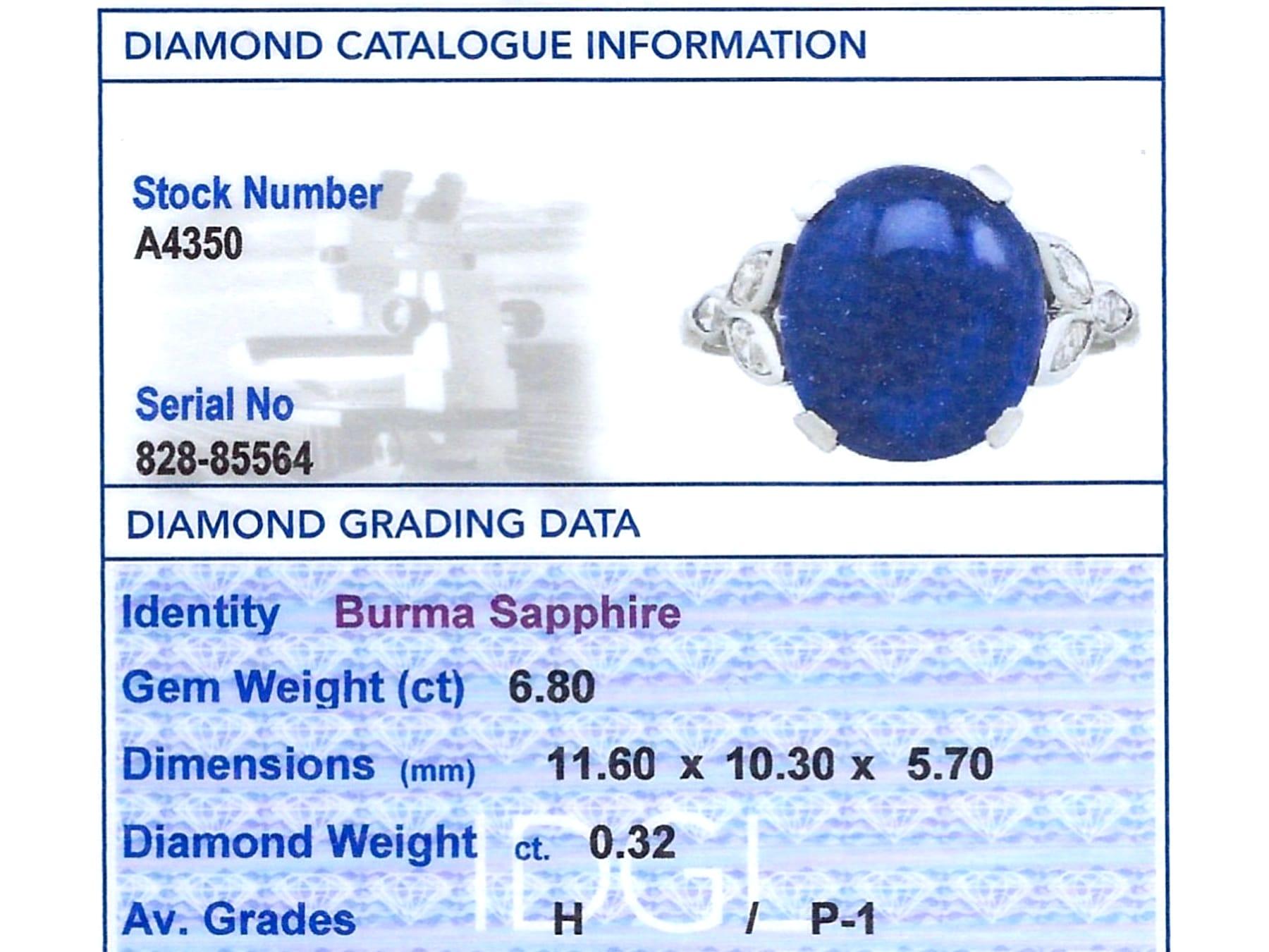 Antique 1930s 6.80 Ct Cabochon Cut Sapphire and Diamond Platinum Cocktail Ring For Sale 4