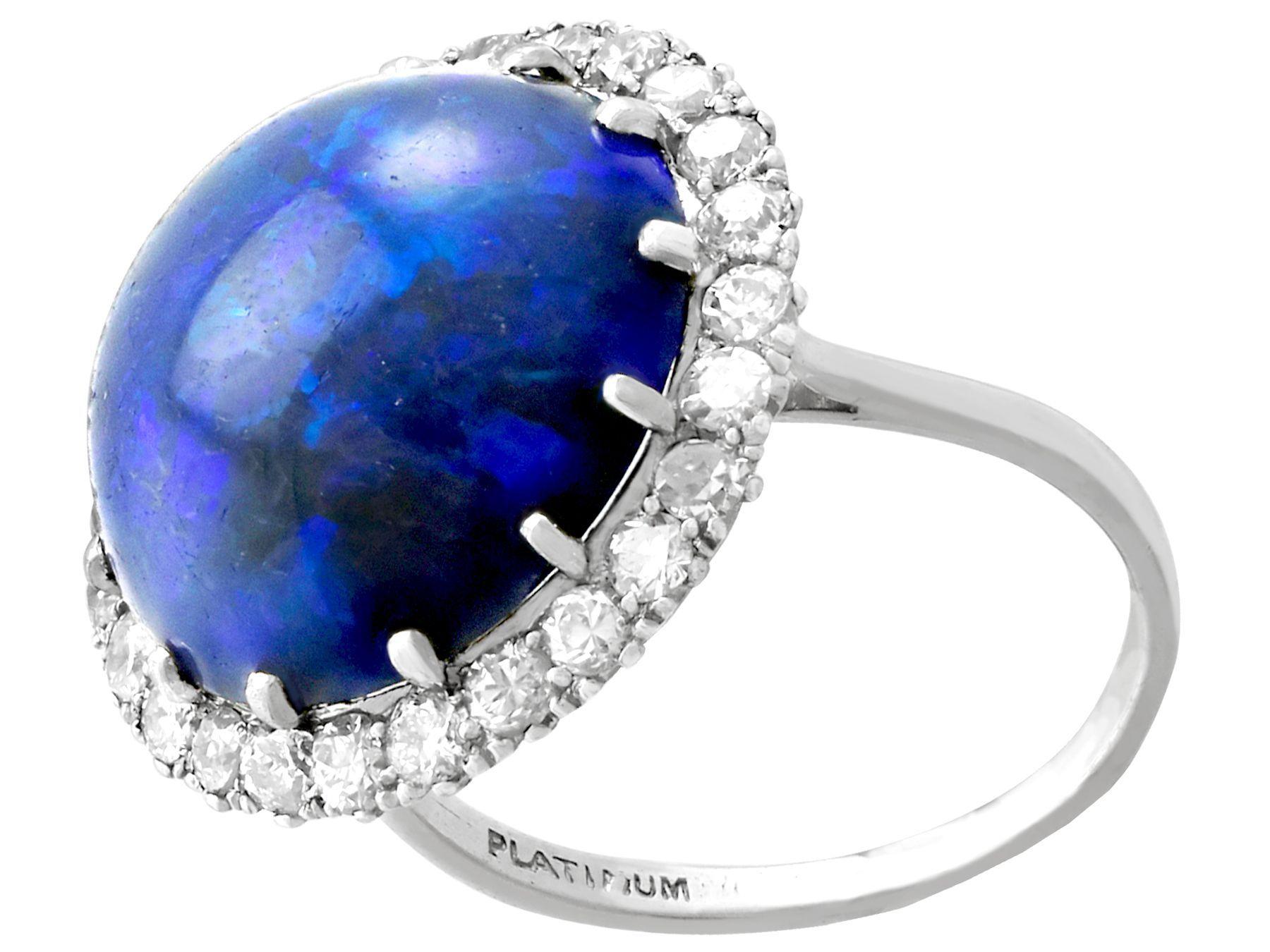 Women's or Men's Antique 1930s 7.20ct Cabochon Cut Black Opal and Diamond Platinum Ring For Sale