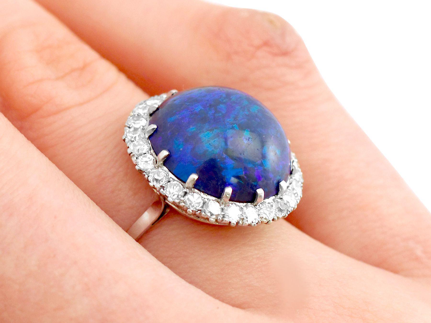 Antique 1930s 7.20ct Cabochon Cut Black Opal and Diamond Platinum Ring For Sale 3