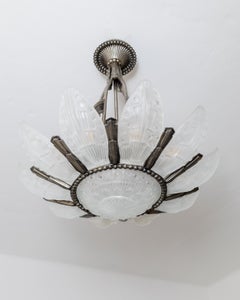 Lustre ancien Art Déco des années 1930, par Georges Leleu France, Bronze et Verre