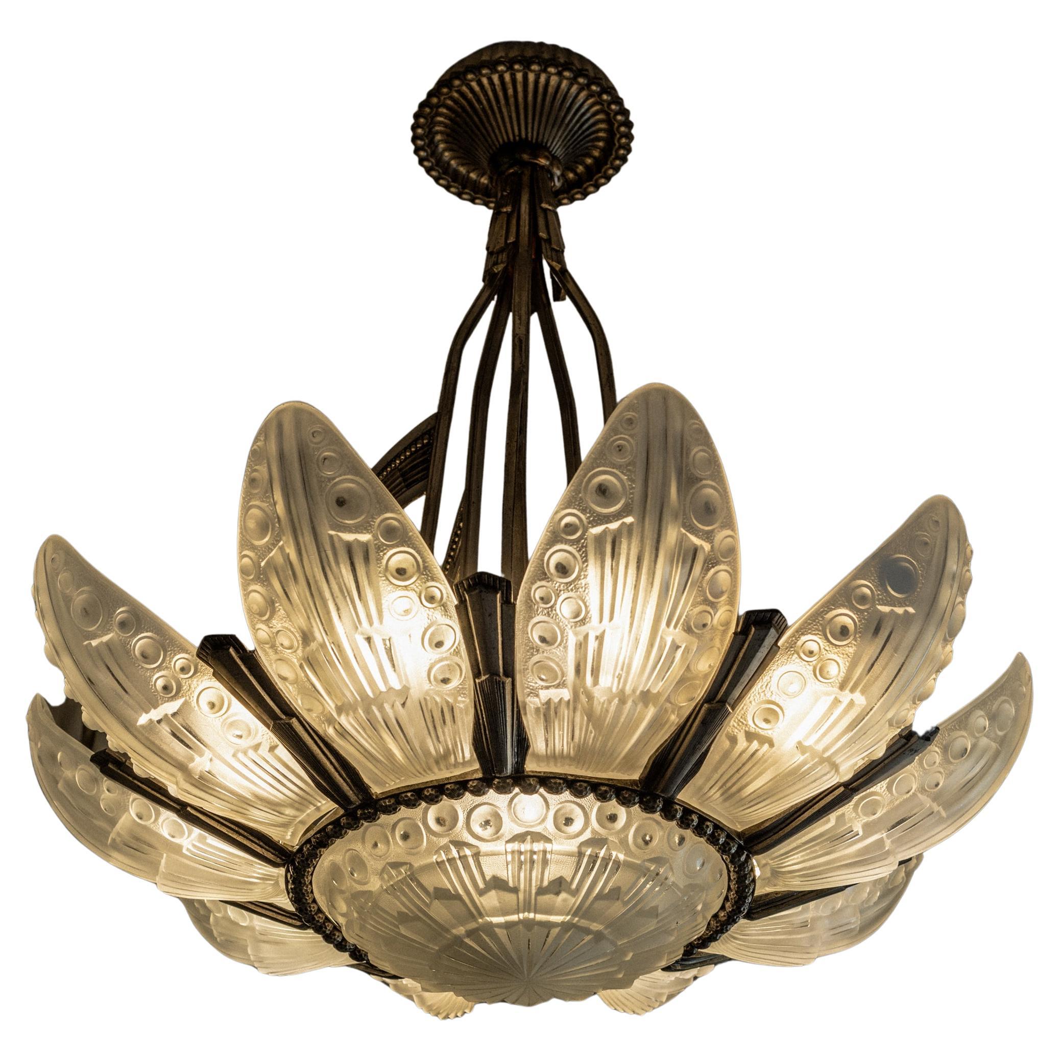 Antique 1930s Art Deco Chandelier, by Georges Leleu France, Bronze and Glass