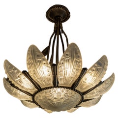 Antique 1930s Art Deco Chandelier, by Georges Leleu France, Bronze and Glass