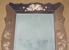 ANTIQUE 1930'S ART DECO PEACH FOXED GLASS BEVELLED VENETiAN FLOWER PETAL MIRROR
