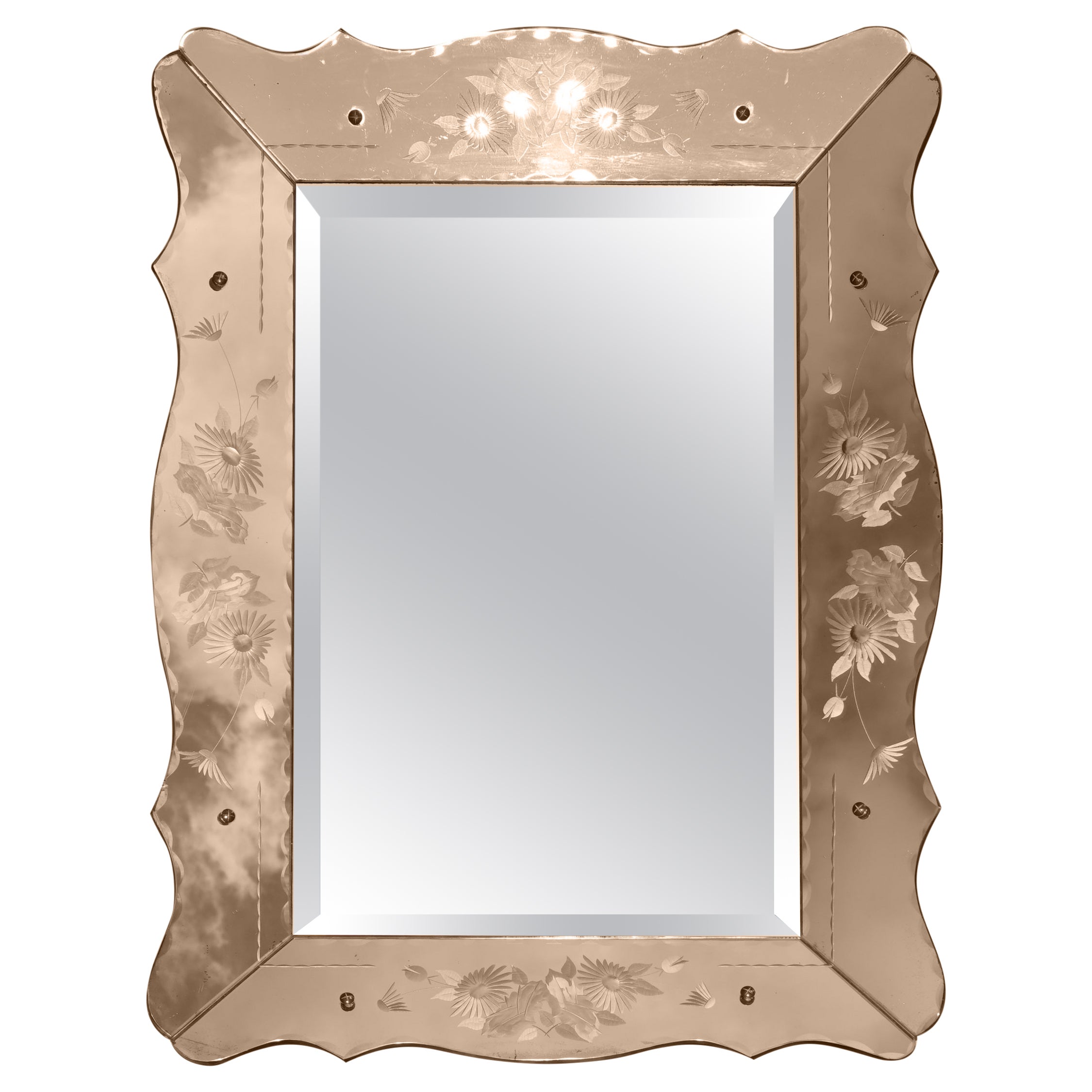 ANTIQUE 1930'S ART DECO PEACH FOXED GLASS BEVELLED VENETiAN FLOWER PETAL MIRROR