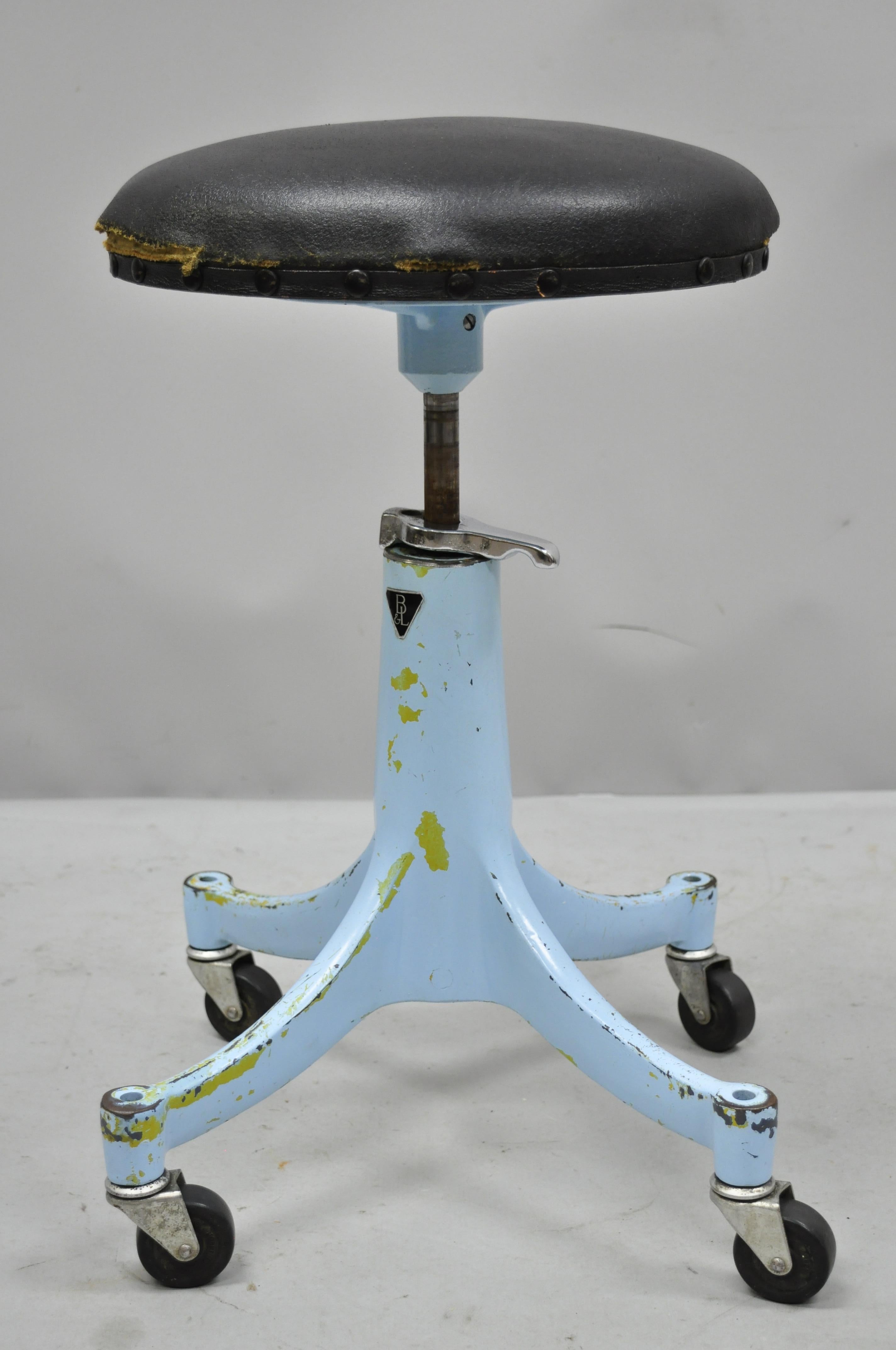 Antique 1930s Bausch & Lomb Optical Blue Industrial Medical Adjustable Stool 1