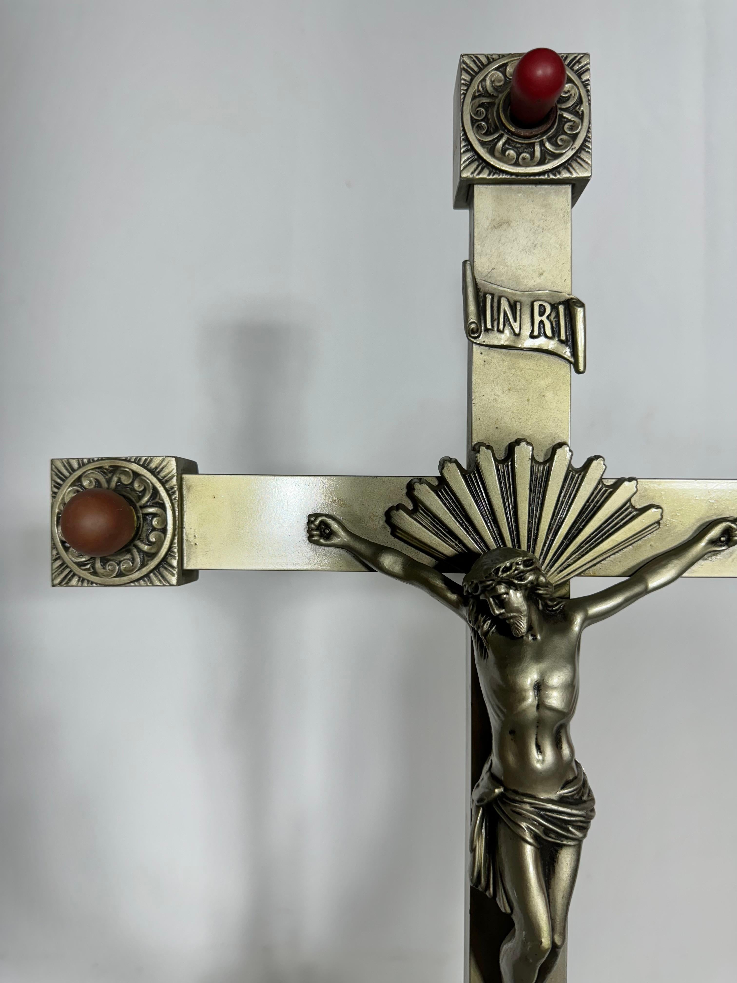 Antique 1930's Cast Aluminum Church / Funeral Light Up Crusifix .Wonderful Art Deco  design,, Heavy cast aluminum construction, Adjustable height.. Tested and working perfectly.