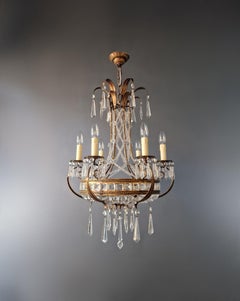 Antique 1930s Chandelier Crystal Lustre Brass Ceiling Lamp Rarity Neoclassical