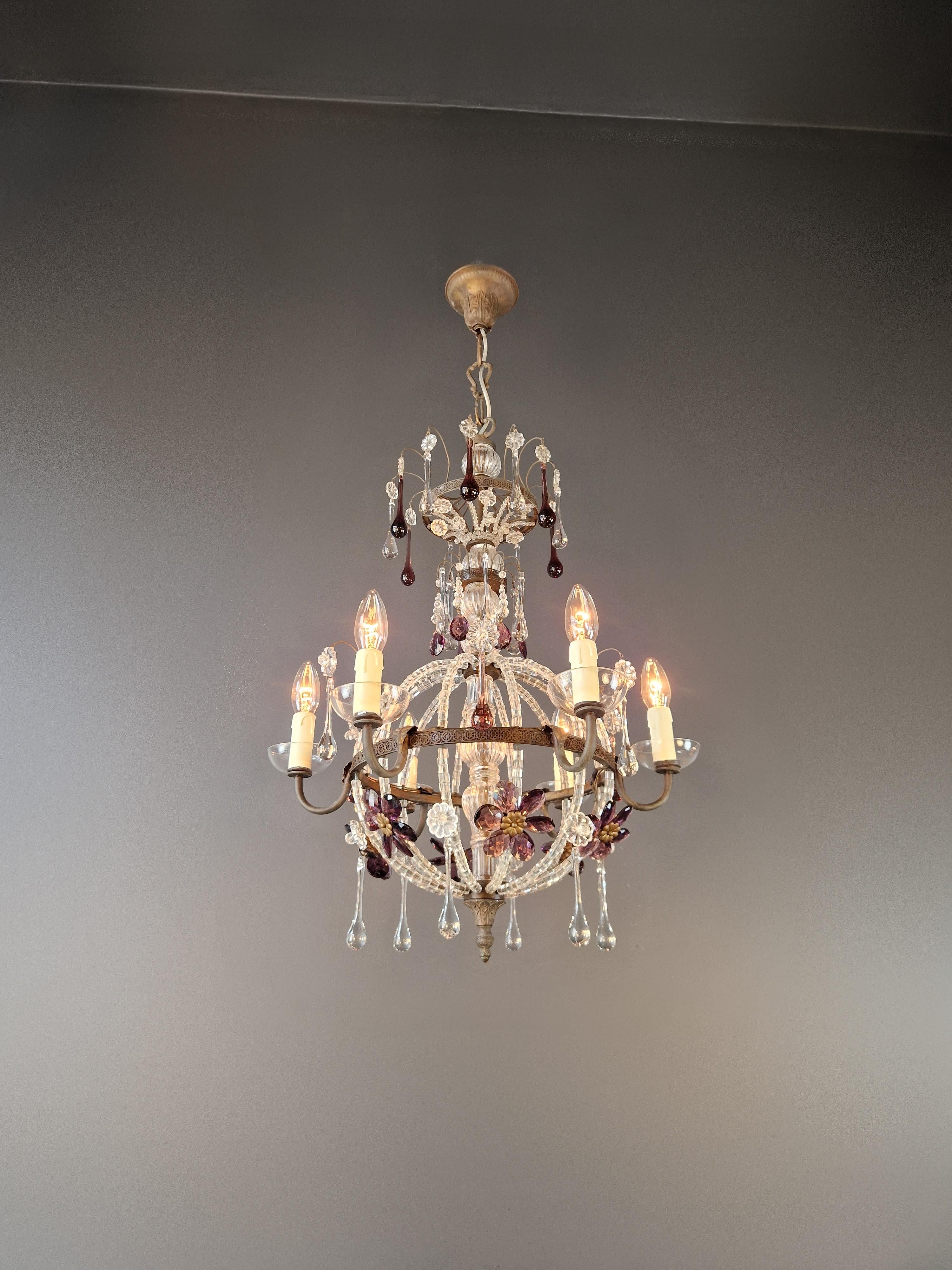 Art nouveau Plafonnier ancien des années 1930 en cristal lustré laiton rare néoclassique en vente